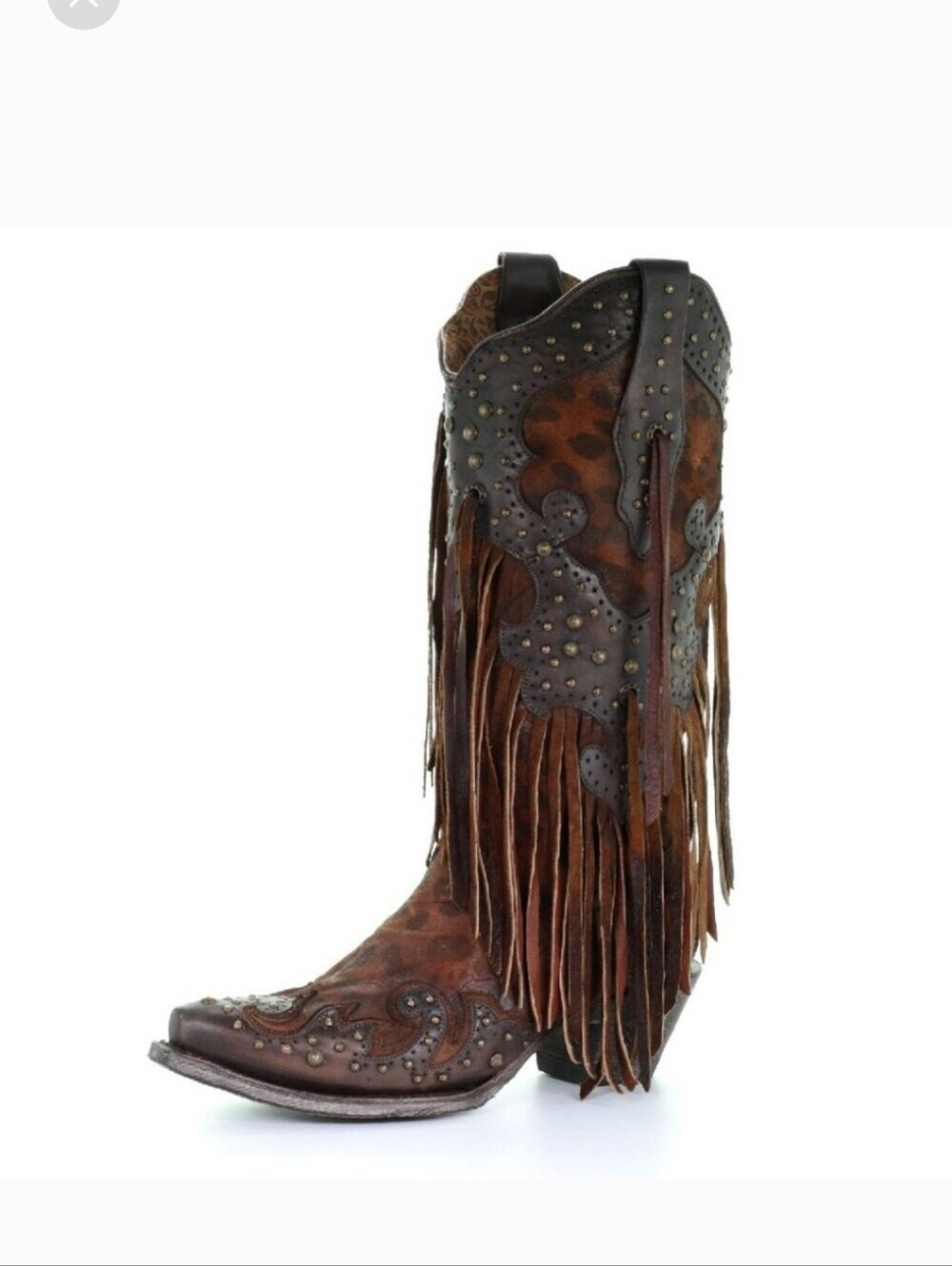 Corral Leopard Print Fringe Western Boots - Brown